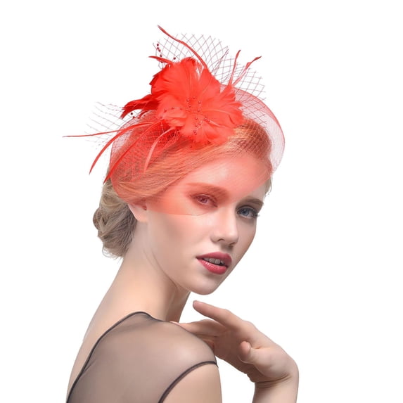 YVNAURA Womens Pillbox Flower Hat Fascinator Derby Headpiece With Veil Pearls And Removable Hair Clip For Wedding Tea Party Church Race, Red, One Size