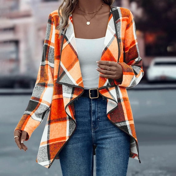 YVNAURA Womens Plaid Waterfall Cardigan Open Front Long Sleeve Draped Loose Fit Irregular Hem Shawl Collar Knit Sweater Coat Casual Fall Winter Oversized Trendy Outerwear, Orange,S