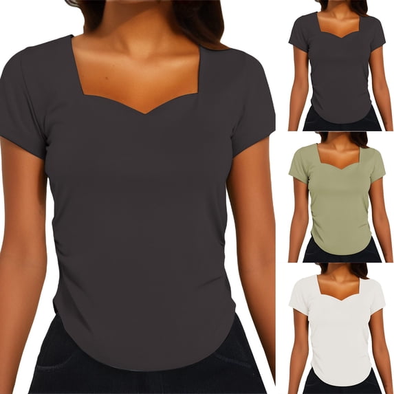 YVNAURA Womens Pull On Pleated Sweetheart Neck T Shirt Slim Fit Combed Cotton Short Sleeve Straight Shoulder Base Layer Summer 2026, Dark Gray,L