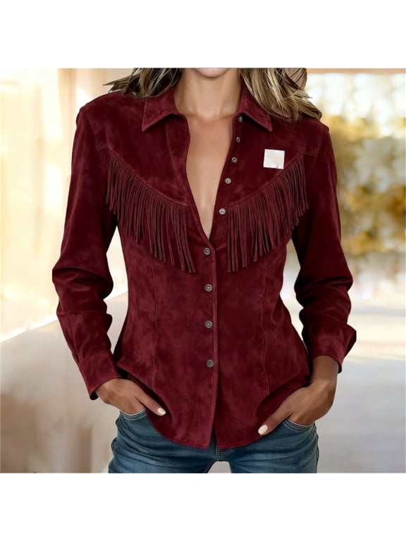 Womens Retro Suede Fringe Shirt Long Sleeve Western Button Front Blouse Tassel Trim 2026 Cowgirl Motorcycle Outwear Stagecoach Festival Top, Wine,M