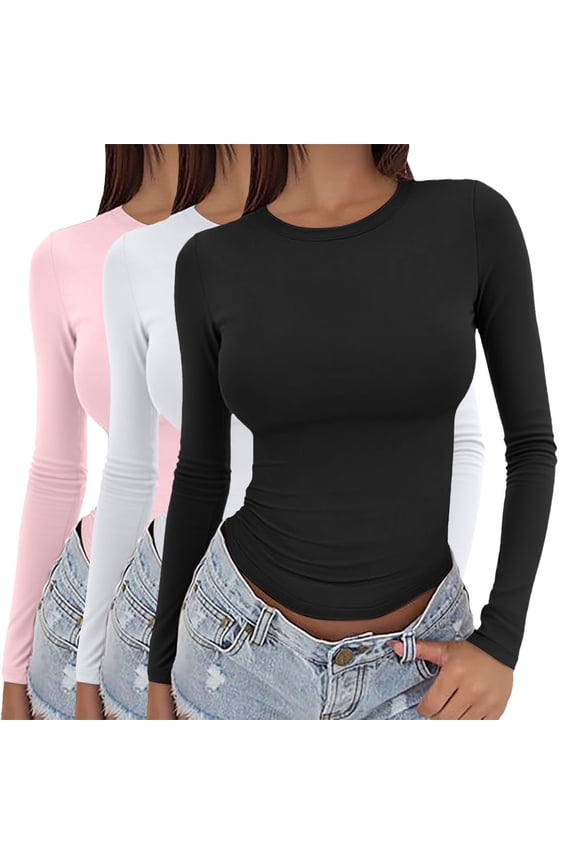 Womens Ribbed Knit Long Sleeve T Shirts 3 Pack Slim Fit Y2K Round Neck Stretchy Soft Basic Tee Layering Tops Going Out Streetwear, L,XL