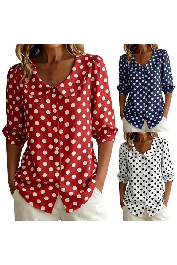 Womens Satin Polka Dot Blouse Long Sleeve Button Down Shirt Business Casual Tops for Work Spring Flowy Lapel Collar Office to Dinner Outfits, Red,L