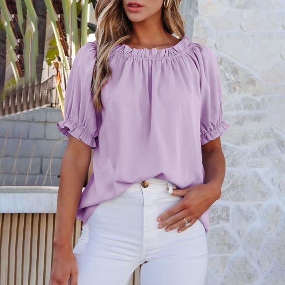 YVNAURA Womens Off Shoulder Puff Sleeve Blouse 2026 Summer Cute Loose Fit Smocked Top Lightweight Breathable Cotton Casual Short Sleeve Shirt Beach Vacation Going Out Daily Wear, Purple,XXL