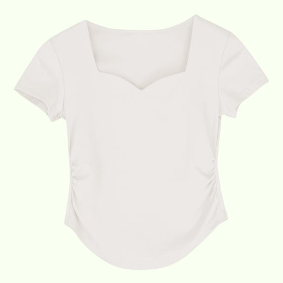 YVNAURA Womens Slim Fit Sweetheart Neck Top Pleated Short Sleeve T Shirt Stretchy Combed Cotton Base Layer Summer Tops 2026, White,L