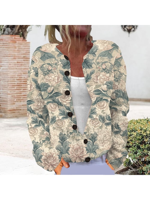 Womens Vintage Floral Patchwork Cardigan Ribbed Knit Button Down Long Sleeve Loose Fit Lightweight Open Front Sweater Coat Casual Fall Winter Retro Trendy Outerwear, Pink,S