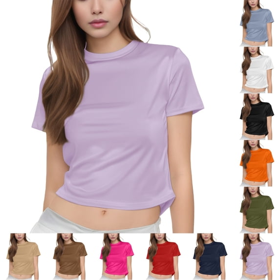 YVNAURA Womens Y2K Style Crew Neck Short Sleeve Crop Top Slim Fit Basic T Shirt Summer Cute Tee Soft Stretchy Going Out Casual Daily Wear, Purple,L