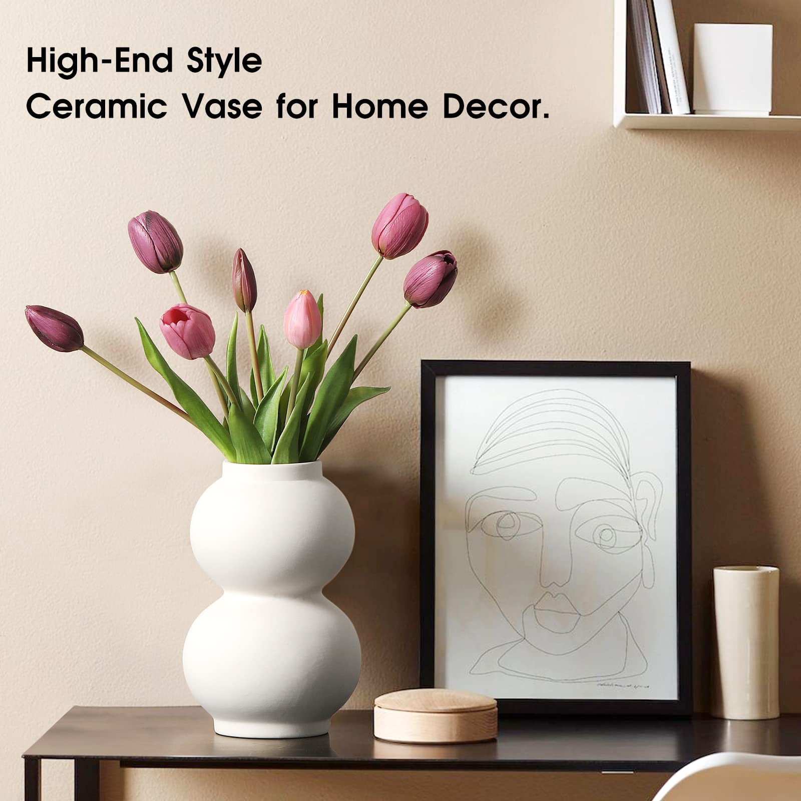 YVTVY Ceramic Vase, 2 Layer Round, 8.2 Inches Height, Minimalist Nordic Style, for Dry/Fresh Flowers, Table Centerpiece, Home Decor