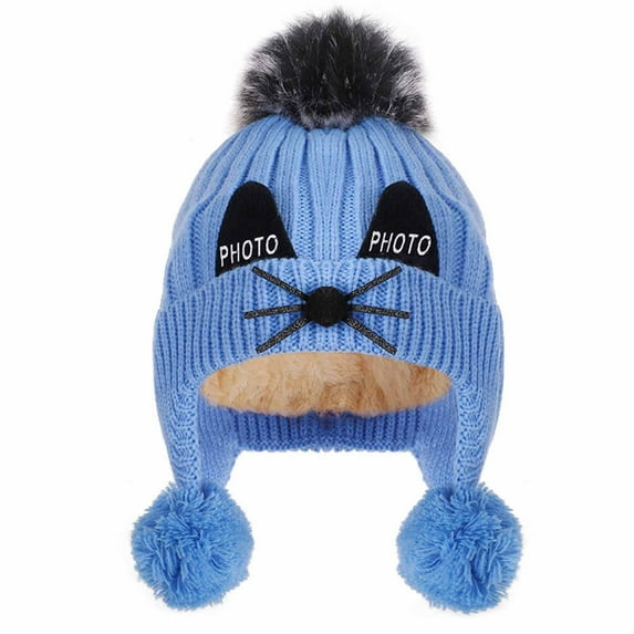 YWDJ 2-4 Years Winter Girls Boys Kids Winter Beanie Hat Warm Knit Thick Ski Cap With Fluff Ball Ear Cap Blue One Size