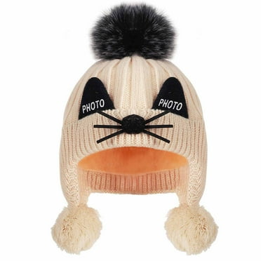 YWDJ 2-4T Winter Girls Boys Kids Winter Beanie Hat Warm Knit Thick Ski Cap With Fluff Ball Ear Cap Beige One Size