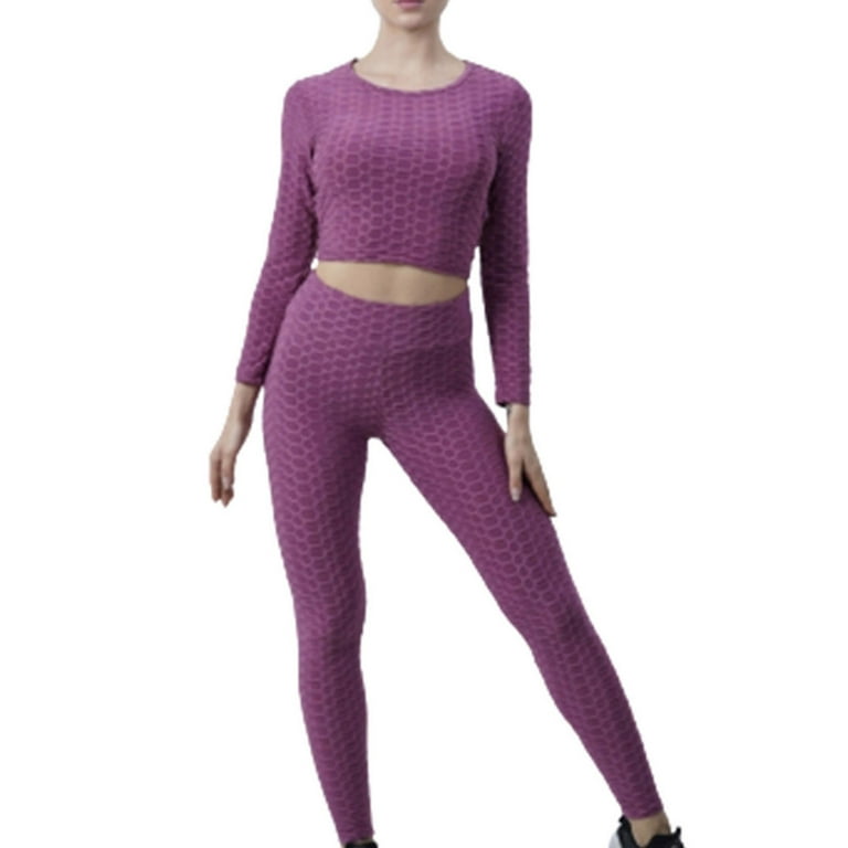 YWDJ 2 Piece Outfits for Women Pants Sets Dressy Casual Solid Peach Tight  Hip Curling Yoga Suit Sports Fitness Yoga Suit Long Sleeve Round-Neck Sets  Purple M 