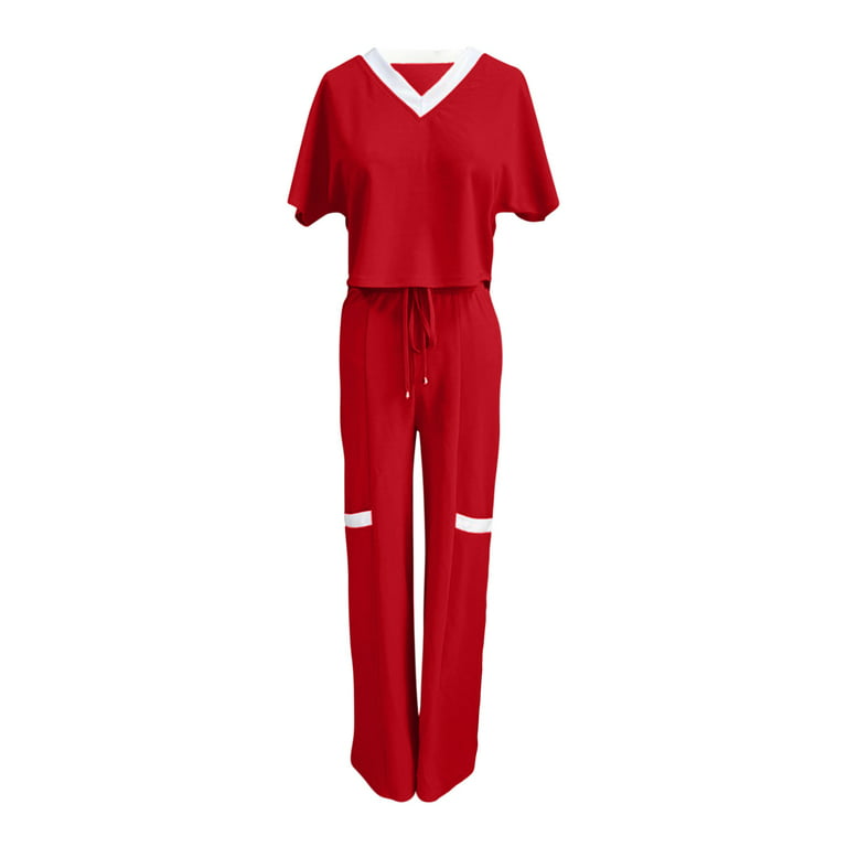YWDJ 2 Piece Outfits for Women Pants Sets Dressy 's Casual Fashion Solid  Color Short Sleeve Top High Waist Straight Leg Pants Commuting Two-piece  Set Red M 