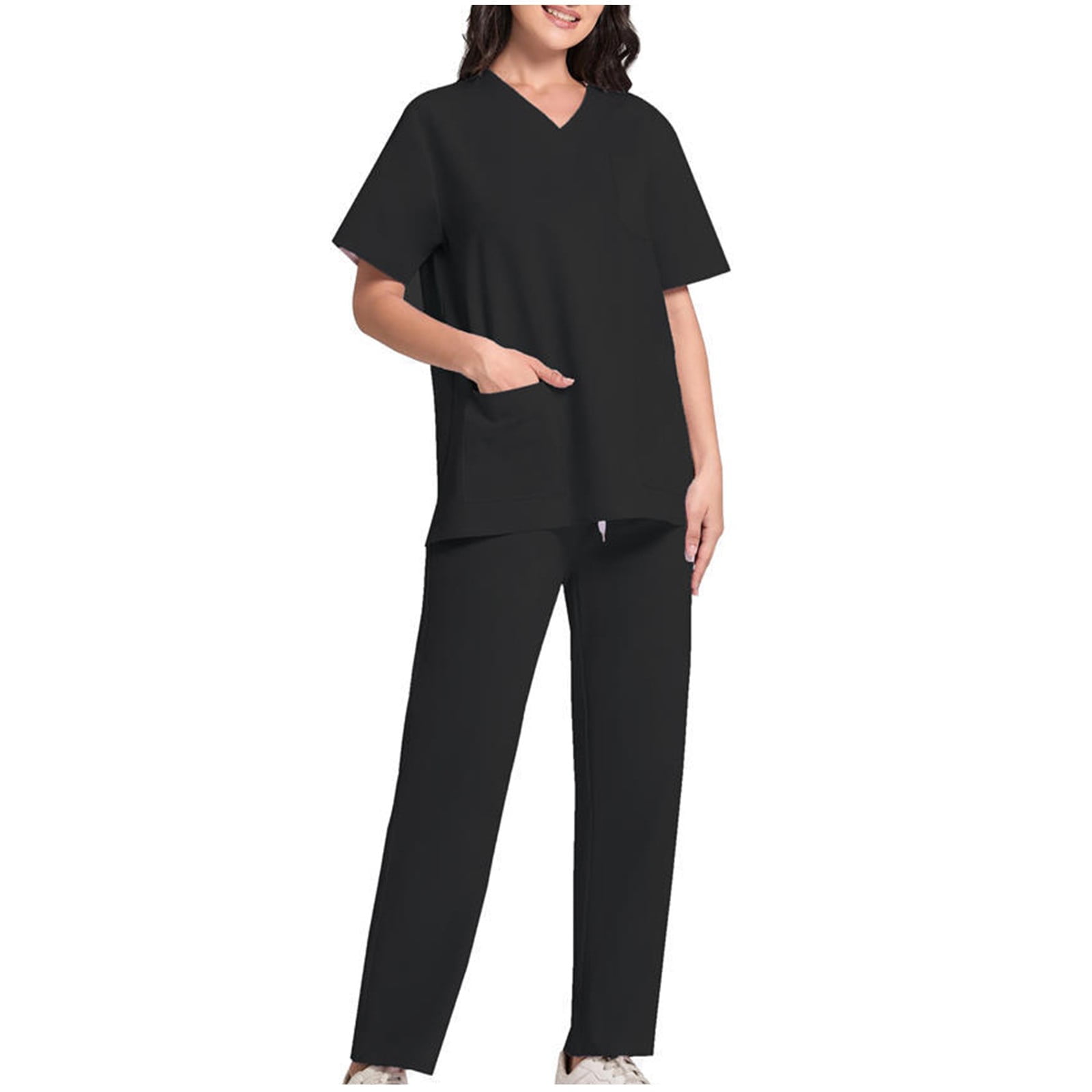 YWDJ 2 Piece Outfits for Women Dressy Pants Sets Fashion Solid Pocket  V-Neck Short Sleeve Blouse Long Pants Nursing Uniform Sets Black L 