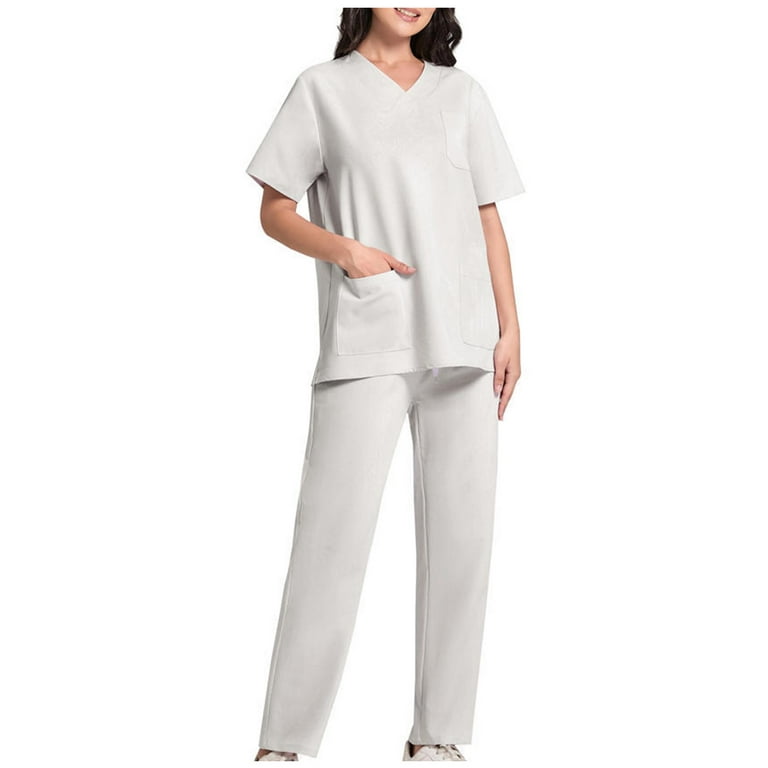 YWDJ 2 Piece Outfits for Women Dressy Pants Sets Fashion Solid Pocket  V-Neck Short Sleeve Blouse Long Pants Nursing Uniform Sets White M 