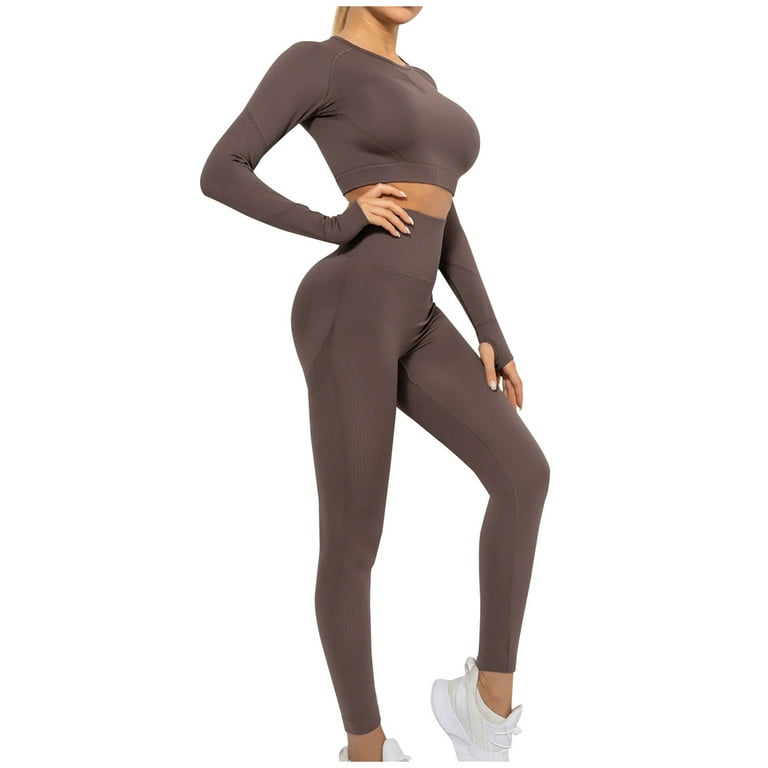 YWDJ 2 Piece Outfits for Women Dressy Pants Sets Ladies Seamless Hollow  Yoga Long Sleeve Yoga Suit Sports Fitness Running Yoga Set Coffee S