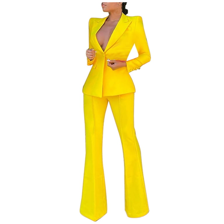 YWDJ 2 Piece Outfits for Women Dressy Pants Sets Long Sleeve Solid Suit  Pants Casual Elegant Business Suit Sets Yellow L 
