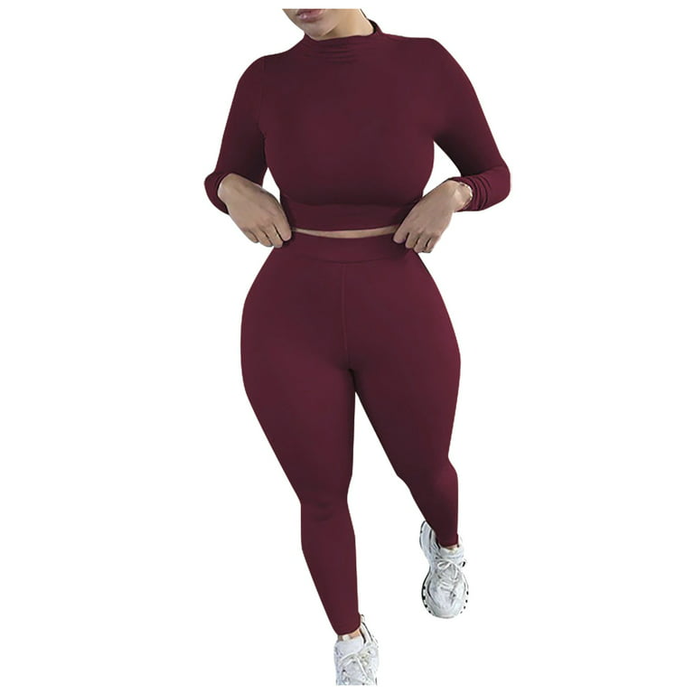 YWDJ 2 Piece Outfits for Women Summer Pants Solid Color Turtleneck Slim Yoga  Fitness Long Sleeve Trousers Shapeware Wine XL 