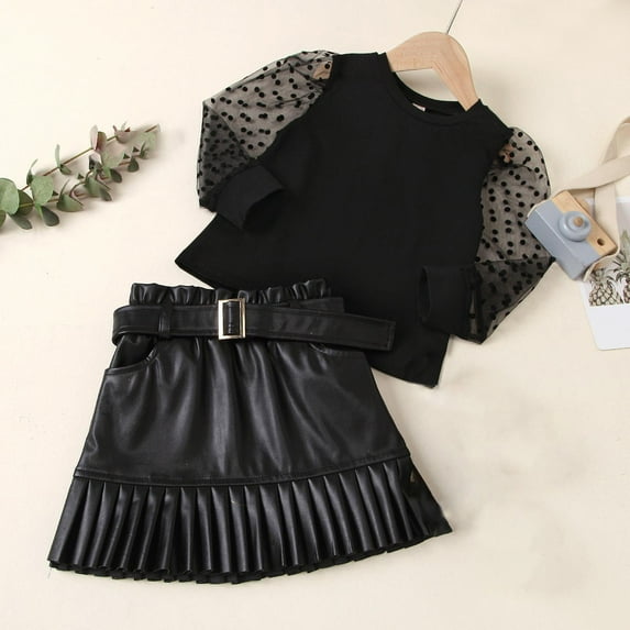 YWDJ 2 To 6 Years Spring Round Collar Knit Patchwork Mesh Long Sleeve Ruffled Belt Leather Skirt Short Skirt Two Piece Set Black 4Y