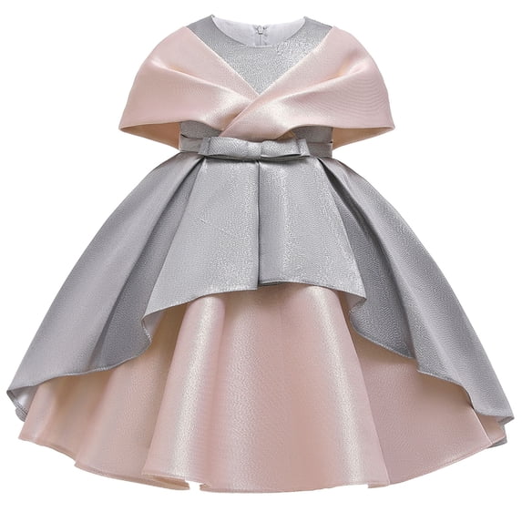 YWDJ 3-10Years Girls Dress Temperament Minimalistic Bowknot Pure Color Stitching Birthday Party Gown Dresses Gray 5-6 Years