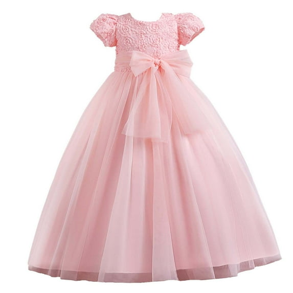 YWDJ 3-12 Years Party Party Dress for Girls Kids Dress Sleeveless Princess Bow Tie Lace Flowers Mesh Tufted Pink 7-8 Years