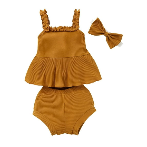 YWDJ 3-24 Months Girls 2 Piece Outfit Set Summer Kids Sleeveless Top Shorts Bow Headband Three-piece Set Brown 3-6 Months