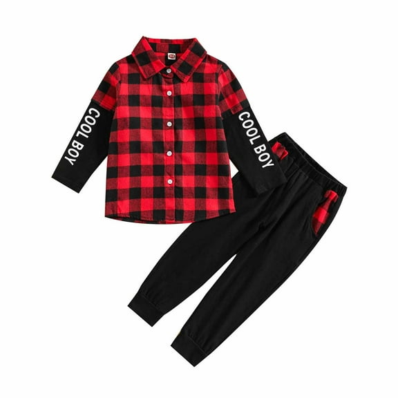 YWDJ 4-8 Years Boys Girls 2 Piece Outfit Set Fall Spring Infant Letter Plaid Splicing Long Sleeve Top Trousers Red 5-6 Years