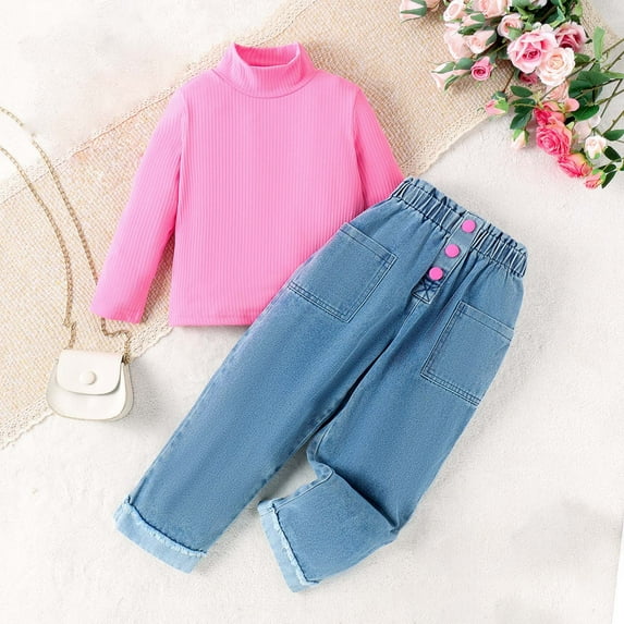 YWDJ 4-8 Years Old Spring And Autumns Set High Neck Long Sleeve Top Rolled Denim Pants Sports Leisure Two-piece Suit Pink 4Y