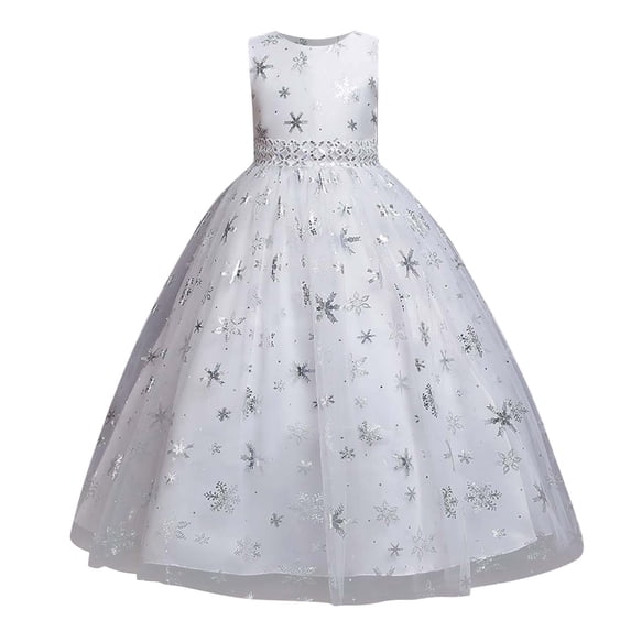 YWDJ 5-14 Years Party Girl Dresses Kids Princess Dress Snowflake Pattern Net Yarn Long Dress Canonicals White 13-14 Years