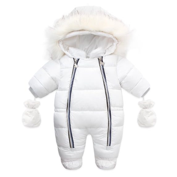 YWDJ 6-24Months One Piece Outfit Boys Hooded Romper Set Snowsuit With Gloves Booties Jumpsuit Outfits White 12-18 Months Baby Jumpsuit Jacket