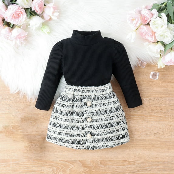 YWDJ 6 Months -4 Years Old Spring And Autumna Set High Round Neck Long-sleeved Top + Buttons Skirt Two-piece Set Black 12 Months
