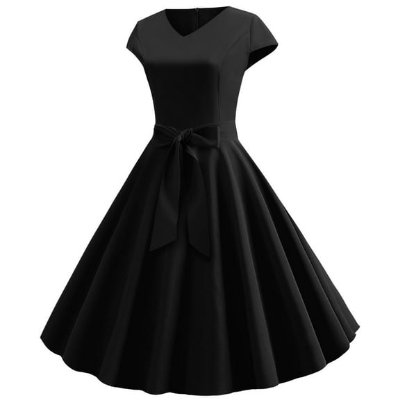 YWDJ 80s Homecoming Dresses 2024 Women Vintage Short Sleeve Swing 50s Housewife Casual Evening Party Prom Dress Black M