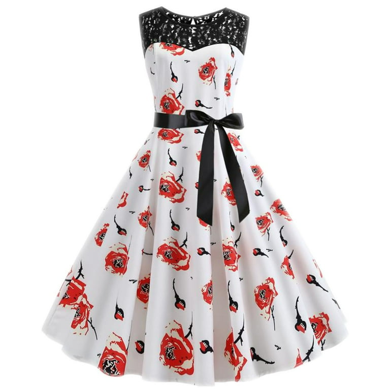 YWDJ 80s Prom Dress for Women Costume Plus Size Bandage Retro Print Short Sleeveless Lace Patchwork Evening O Neck Party Prom Vintage Dress Spring Summer Dresses for Women 2023 Multicolor S Walmart ...