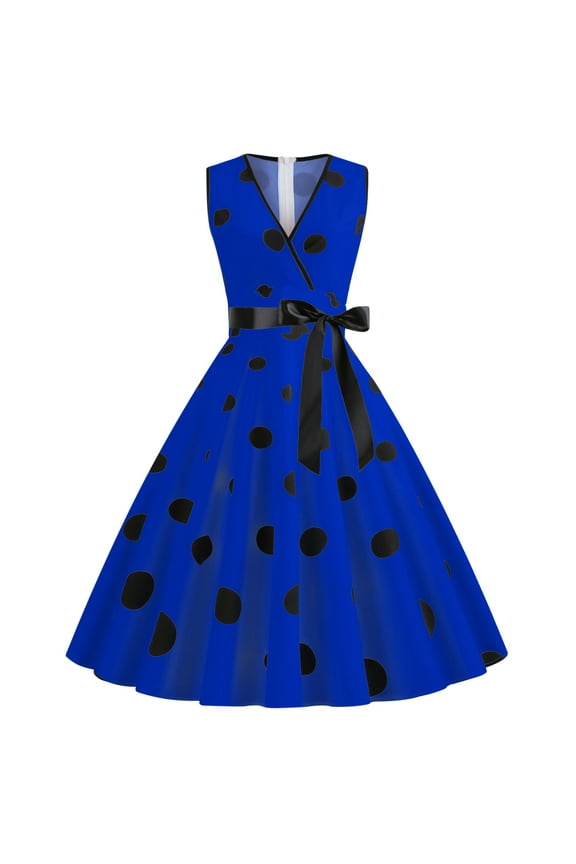 YWDJ 80s Prom Dress for Women Costume Plus Size Vintage Retro V-Neck Sleeveless Print Evening Party Prom Swing Dress Spring Summer Dresses for Women 2023 Blue L