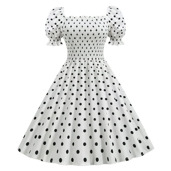 Makaor 80s Prom Dress for Women Vintage Fashion A Line Flare Vintage Dress Prom Swing Short Sleeve Polka Dot Printing Party Dress Spring Summer Dresses for Women 2023WhiteS
