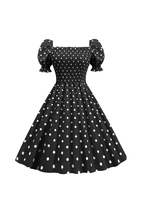 80s Prom Dress for Women Vintage Fashion A Line Flare Vintage Dress Prom Swing Short Sleeve Polka Dot Printing Party Dress Spring Summer Dresses for Women 2023BlackXL