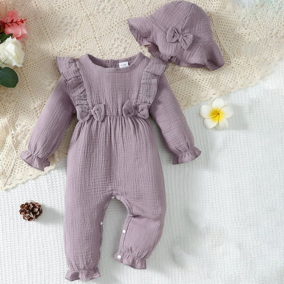 YWDJ Baby Outfits Newborn 3-18 Months Baby Bow Crawler Boys Girls Ruffle Bodysuit Baby Bodysuit With Hat Purple 6 Months