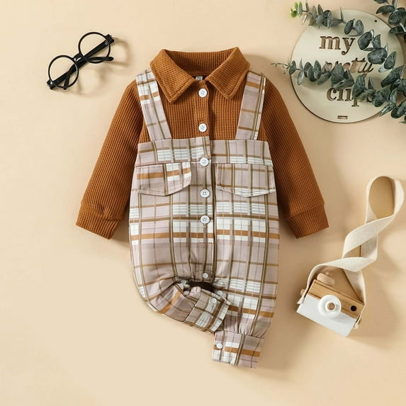 YWDJ Baby Outfits for Girls Newborn Baby Spring Fall Girls Boys Clothes Plaid Fashion Button Long Sleeve Rompers Brown 9-12 Months