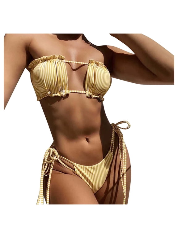 YWDJ Bathing Suit for Women Tummy Control 2 Piece Bikini String Sleeveless Plus Size Bathing Suit Womens Bathing Suits Swimsuit Women Bikini Sets for Women Bathing Suit for Women 40-Yellow L