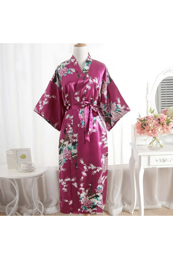YWDJ Bathrobe for Woman Print Blossom Kimono Dressing Gown Bath Robe Lingerie Nightdress Hot Pink