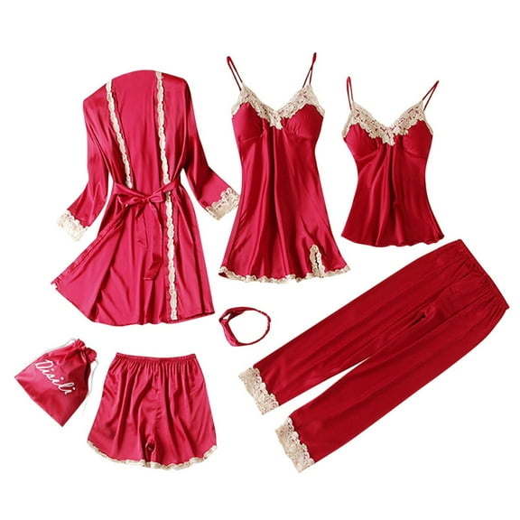 YWDJ Bathrobe for Women Lightweight Short Length Solid Long Sleeve 7 Piece Pajamas with Built in Bra XL Wine