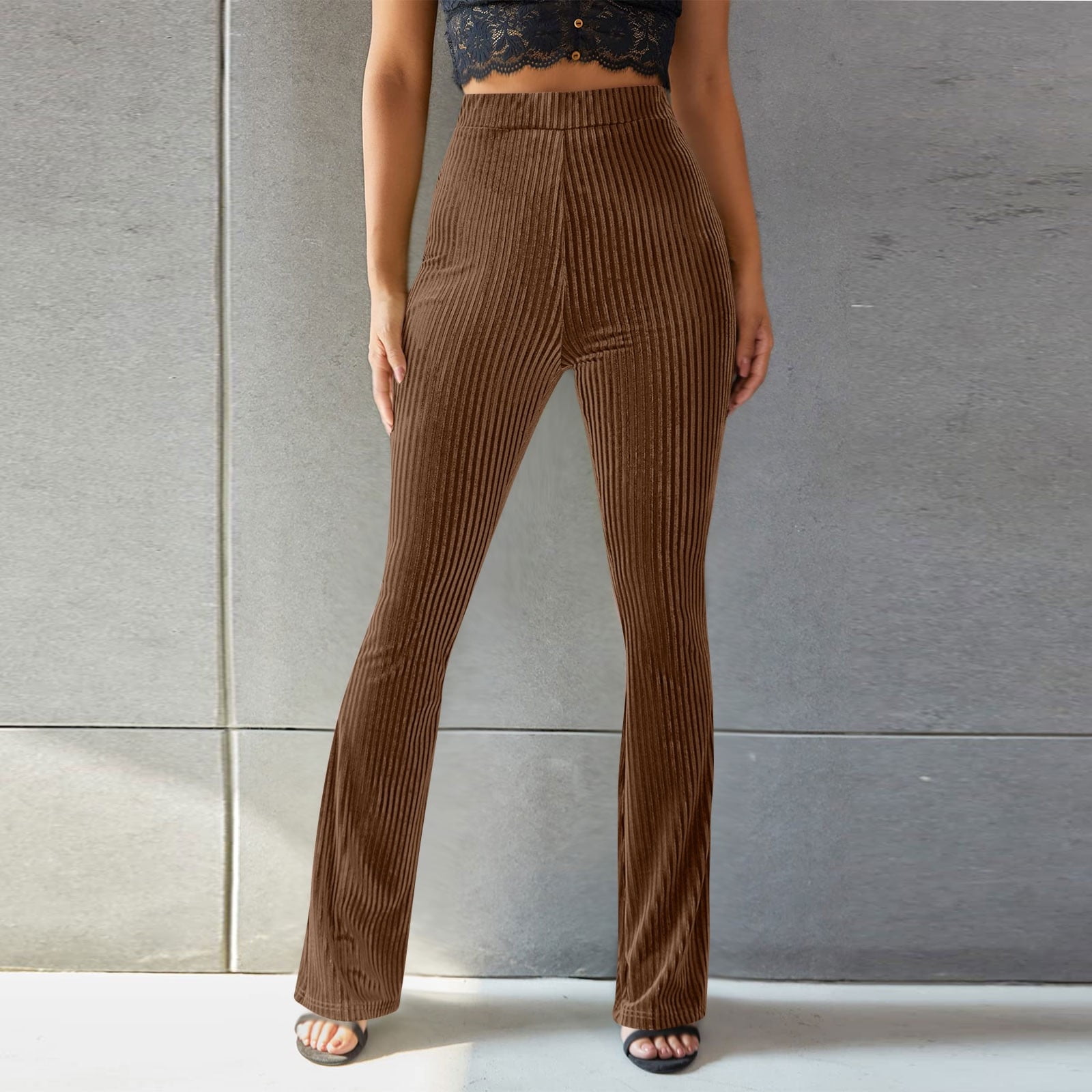 Women Corduroy Flared Pants Solid Color Casual Loose Fit Stretch High Waist  Bootcut Bell Bottom Trousers Streetwear 