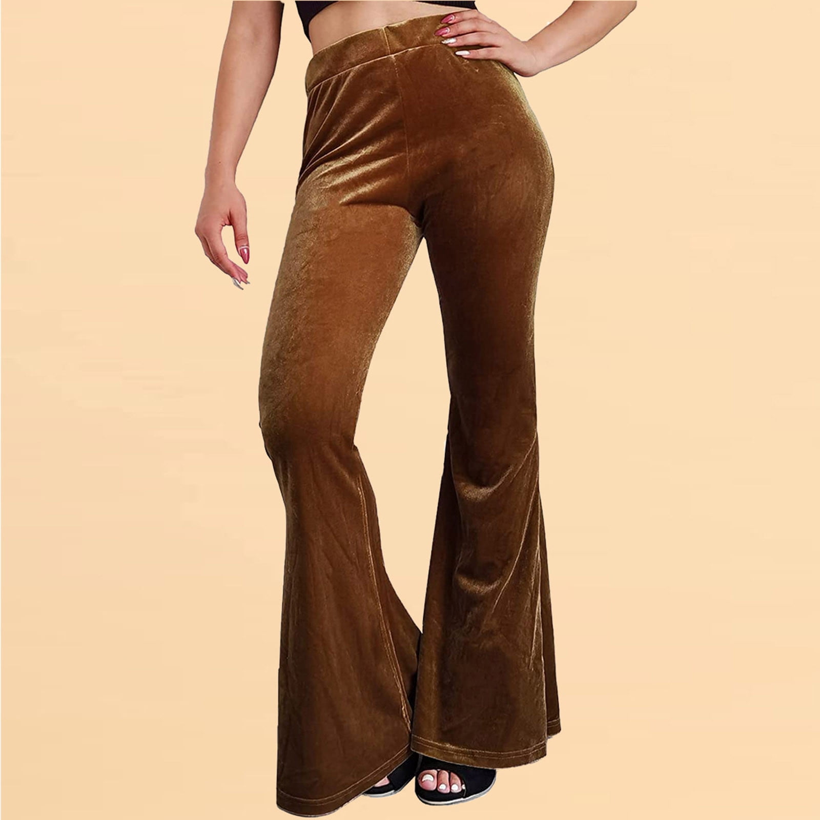 NILLLY Pants Women, Women's Fashion High Waist Elasticated Waist Mullet-Hem  Velvet Material Flared Pants Long Pants Brown / L 