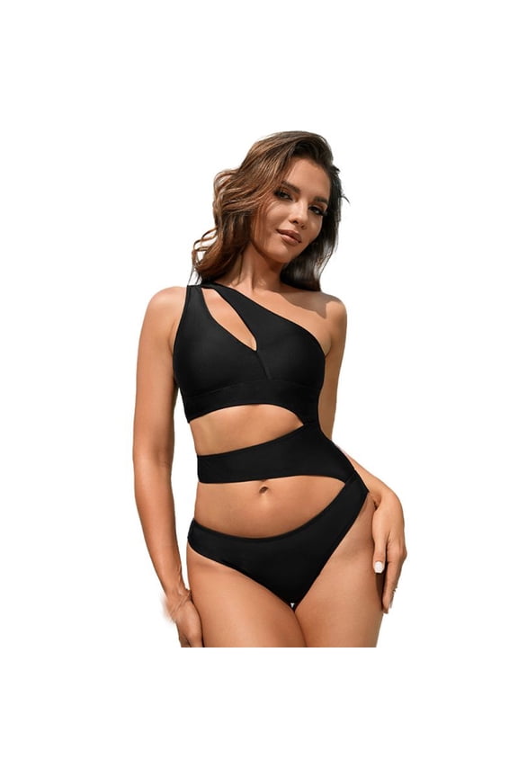 YWDJ Bikini Sets for Women Push Up Top Pleated Swimsuit Neck Hanging Open Back Swimsuit Bikini Swimsuit Suit Black M