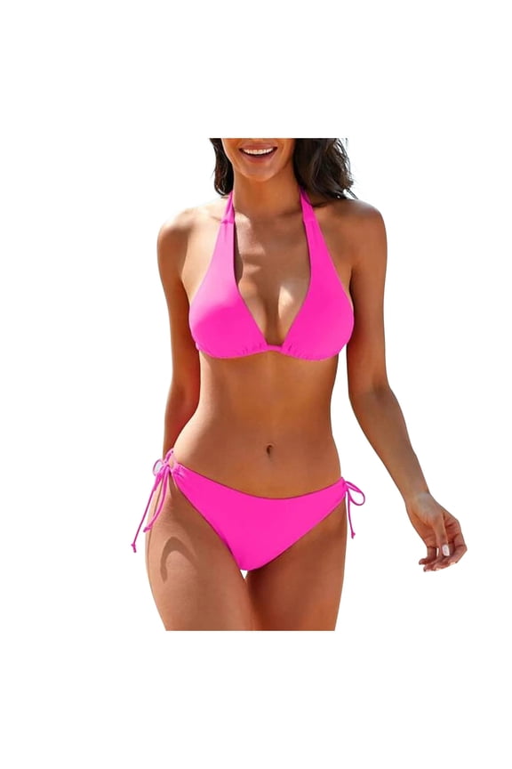 YWDJ Bikini Sets for Women Push Up Top Women's Solid Bikini Strap Bikini Deep V Split Swimsuit Hot Pink M