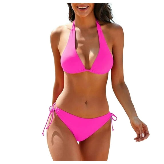 YWDJ Bikini Sets for Women Push Up Top Women's Solid Bikini Strap Bikini Deep V Split Swimsuit Hot Pink S