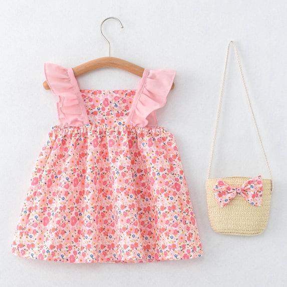 YWDJ Birthday Dresses for Girls Toddler Kids Baby Girls Fashion Cute Sleeveless Sweet Flower Print Ruffle Dress Bag Set Pink 12-18 Months