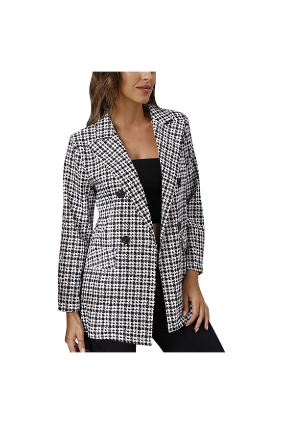 YWDJ Blazer Jackets for Women Spring Swing Bird Check Lapel Two-Breasted Long Sleeve Jacket Black L