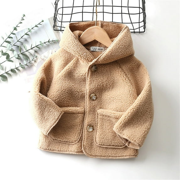 YWDJ Boys And Girls Fashion Solid Color Cute Plush Thickening Keep Warm Button Hooded Coat Khaki 5T