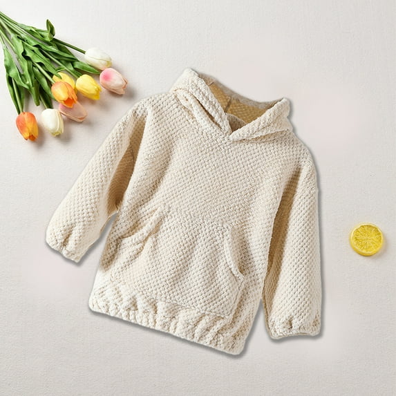 YWDJ Boys And Girls Fuzzy Fleece Pullover Hoodies Sweatshirt Casual Loose Outwear Coat With Pockets 1-6 Years Beige 3Y