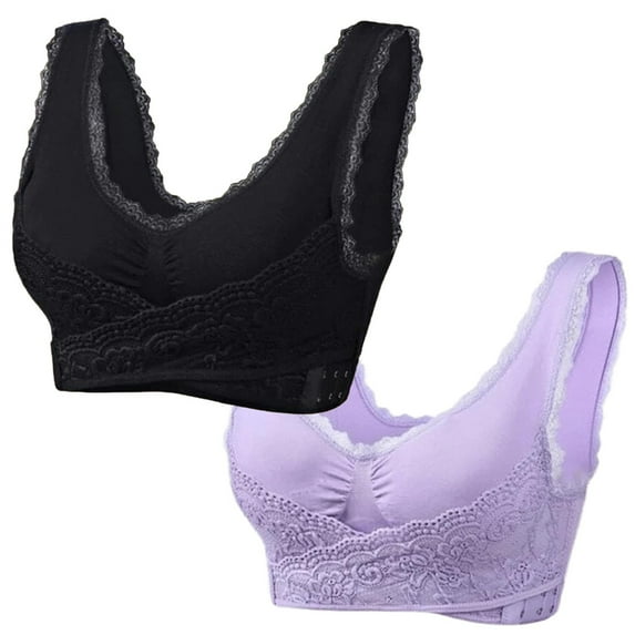 YWDJ Bras for Women Half Cup 2 Pack Front Close Sleep Bras No Wires Comfy Bras Wide Strap Full Coverage Push up Cross Lounge Bras Padded Plus Size Lace Comfortable Bras Wrap Bras Black M