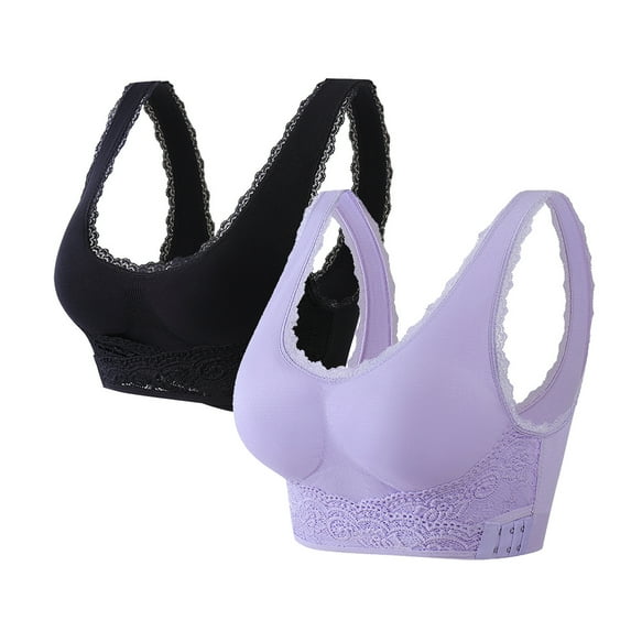 YWDJ Bras for Women Half Cup 2 Pack Front Closure Bras No Underwire Sleep Bras Wide Strap Full Coverage Push up Cross Comfy Bras Padded Plus Size Comfy Bras Wrap Lounge Bras Purple S